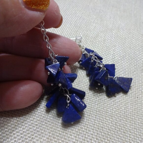 Unique LAPIS CHIP Handmade Sterling 925 Dangle Earrings (2" Drop) #621C - Picture 2 of 3